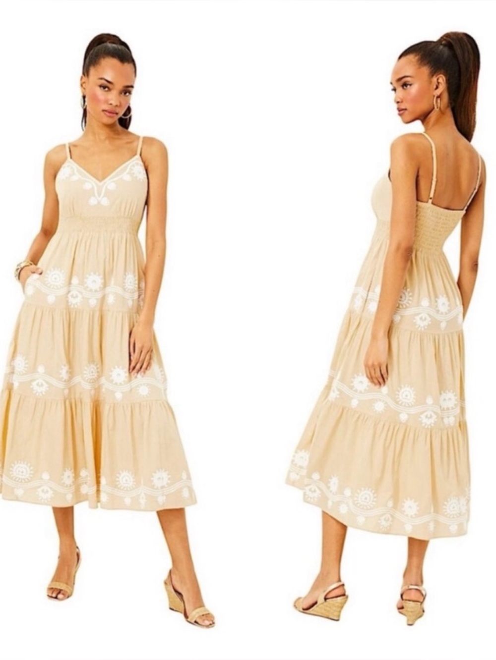 Lilly Pulitzer Aviry Embroidered Cotton Midi Dress in the color Sand Bar Size 10